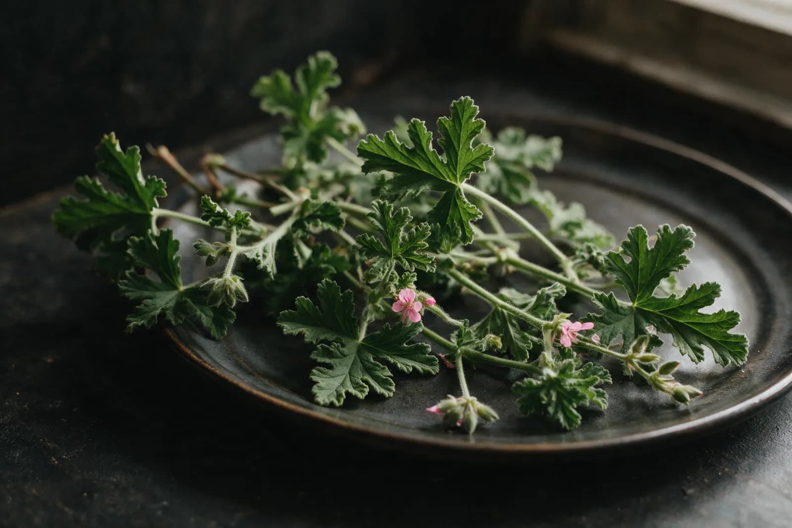 Zweige der Duftpelargonie mit gefiederten Blättern und kleinen rosa Blüten auf dunklem Teller
